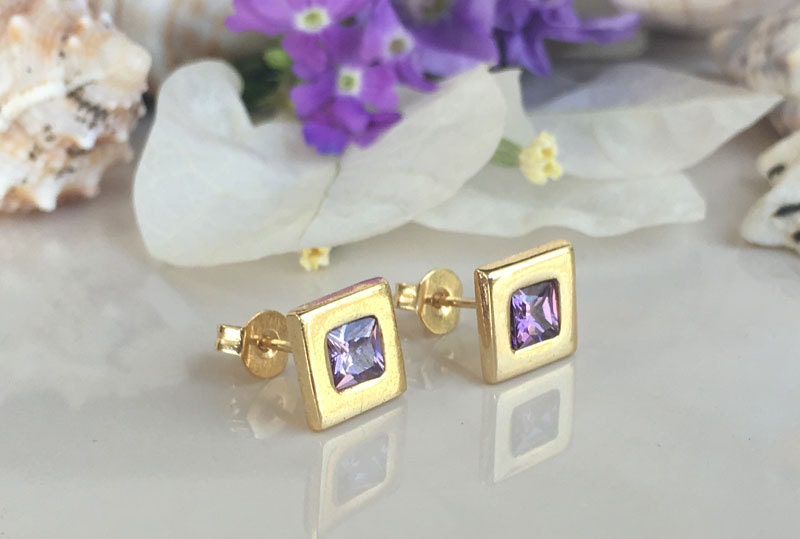 Amethyst Earrings - February Birthstone - Square Amethyst Stud Earrings - H.L.Jewelry