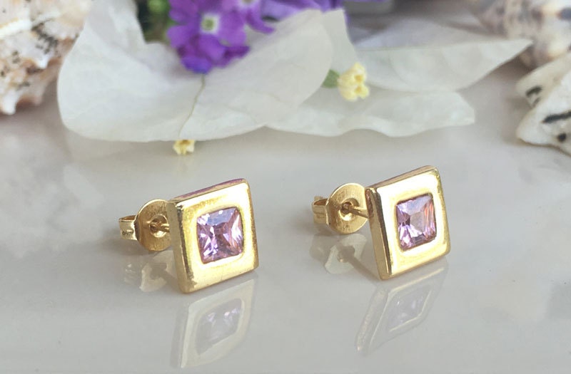 Rose Quartz Earrings - October Birthstone Jewelry - Simple Square Stud Earrings with Rose Quartz Gemstones - H.L.Jewelry