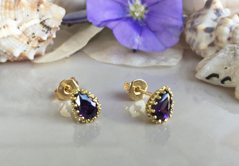 Amethyst Earrings - February Birthstone - Pear Amethyst Stud Earrings - H.L.Jewelry