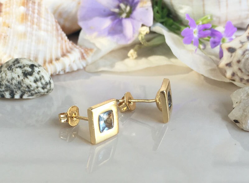 Blue Topaz Earrings - December Birthstone - Simple Square Stud Earrings with Blue Topaz Gemstones - H.L.Jewelry