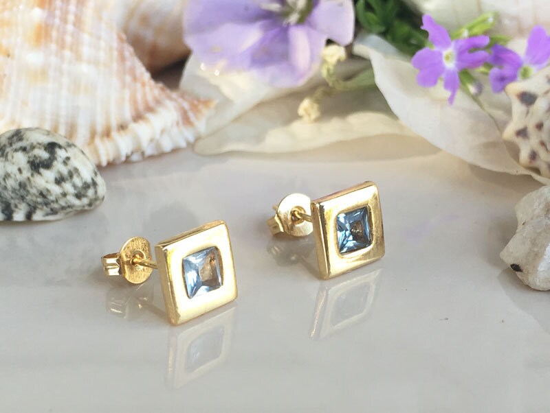 Blue Topaz Earrings - December Birthstone - Simple Square Stud Earrings with Blue Topaz Gemstones - H.L.Jewelry