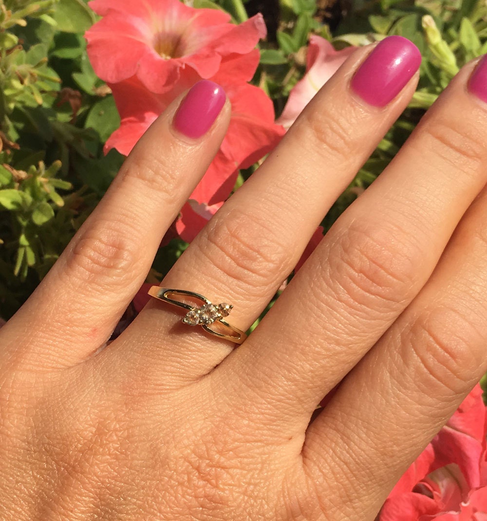 Citrine Ring - November Birthstone - Delicate Ring with Diagonally Placed Three Round Citrine Gemstones - H.L.Jewelry