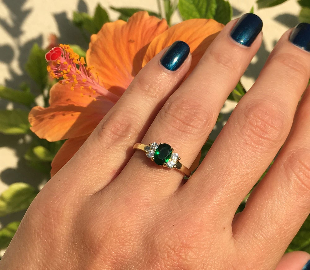 Emerald Ring - May Birthstone - Delicate Ring with Oval Emerald Gemstone and Clear Quartz Accents - H.L.Jewelry