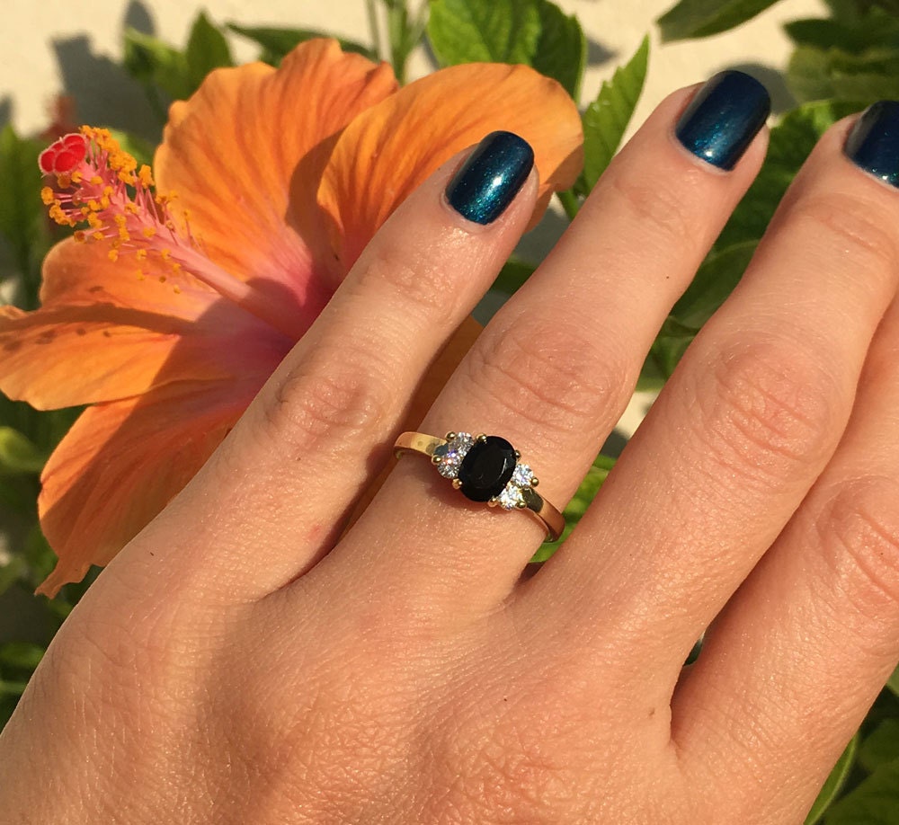 Black Onyx Ring - December Birthstone - Oval Black Onyx Ring with Clear Quartz Accents - H.L.Jewelry