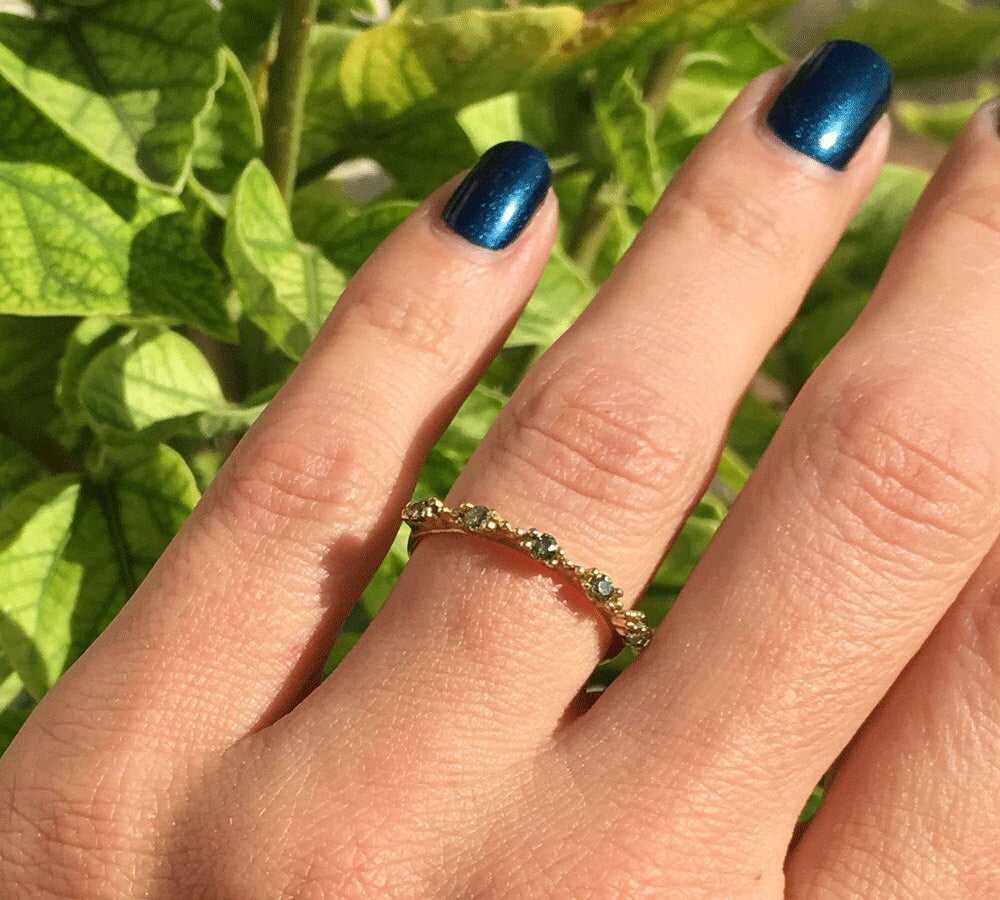 Peridot Ring - August Birthstone - Stacking Ring with Five Round Peridot Gemstones - H.L.Jewelry