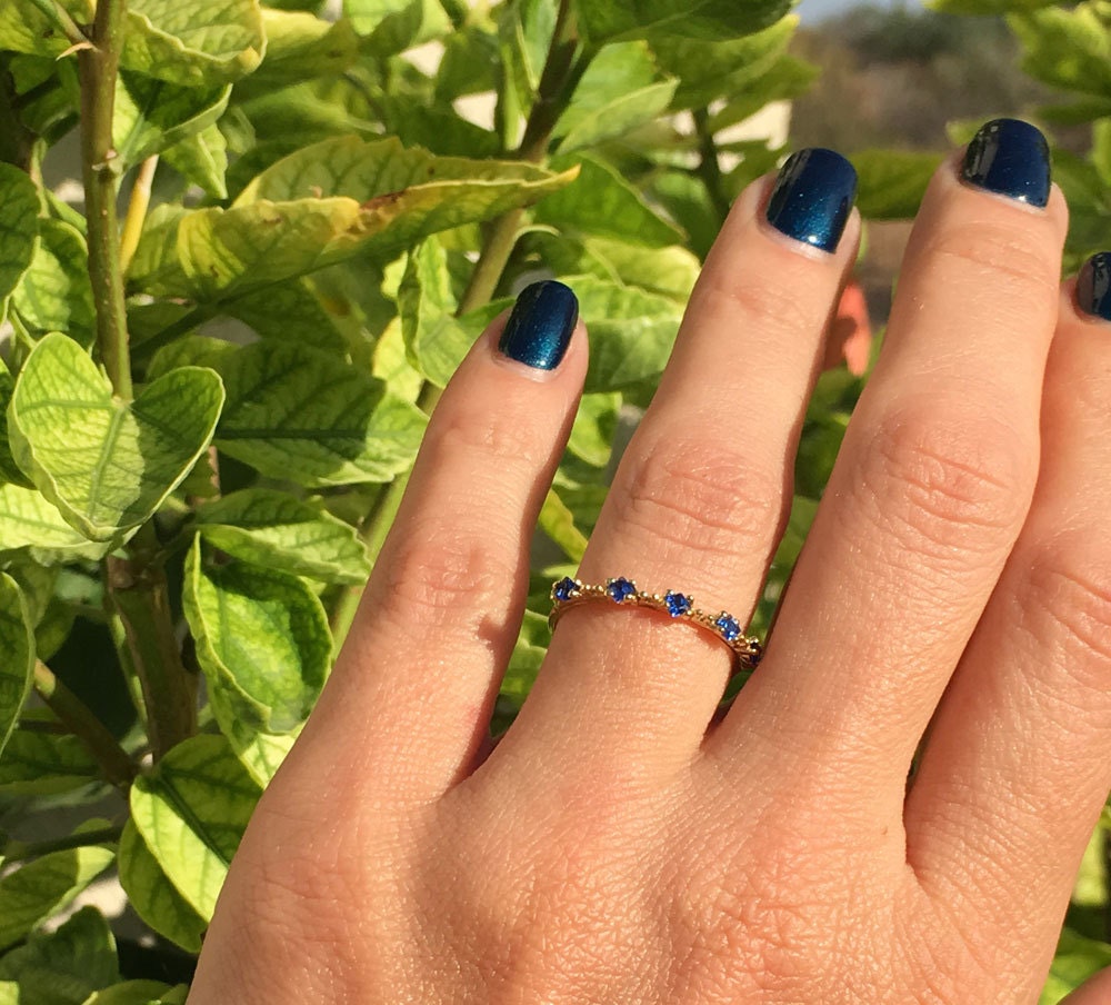 Blue Sapphire Ring - September Birthstone - Delicate Stacking Ring with Five Square Blue Sapphire Gemstones - H.L.Jewelry