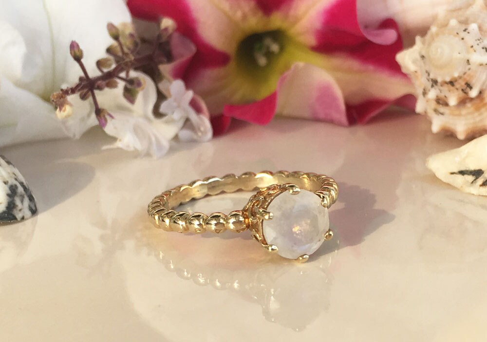 Rainbow Moonstone Ring - June Birthstone - Round Rainbow Moonstone Vintage Beaded Band Ring - H.L.Jewelry