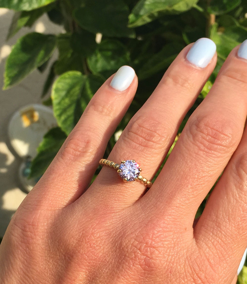 Lavender Amethyst Ring - Beaded Band Ring with Round Lavender Amethyst Gemstone - H.L.Jewelry