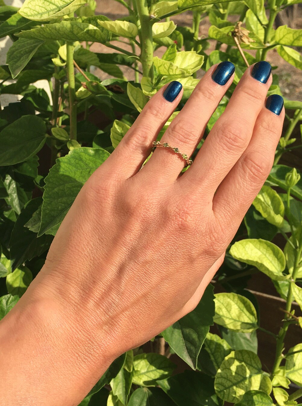 Peridot Ring - August Birthstone - Stacking Ring with Five Square Peridot Gemstones - H.L.Jewelry