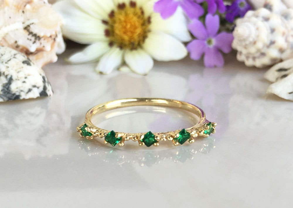 Emerald Ring - May Birthstone - Stacking Ring with Five Square Emerald Gemstones - H.L.Jewelry