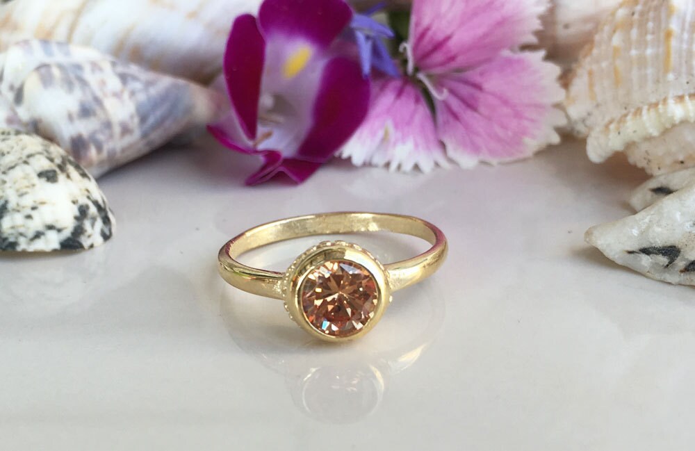 Citrine Ring - November Birthstone - Simple Bezel Set Ring with Round Citrine Gemstone - H.L.Jewelry