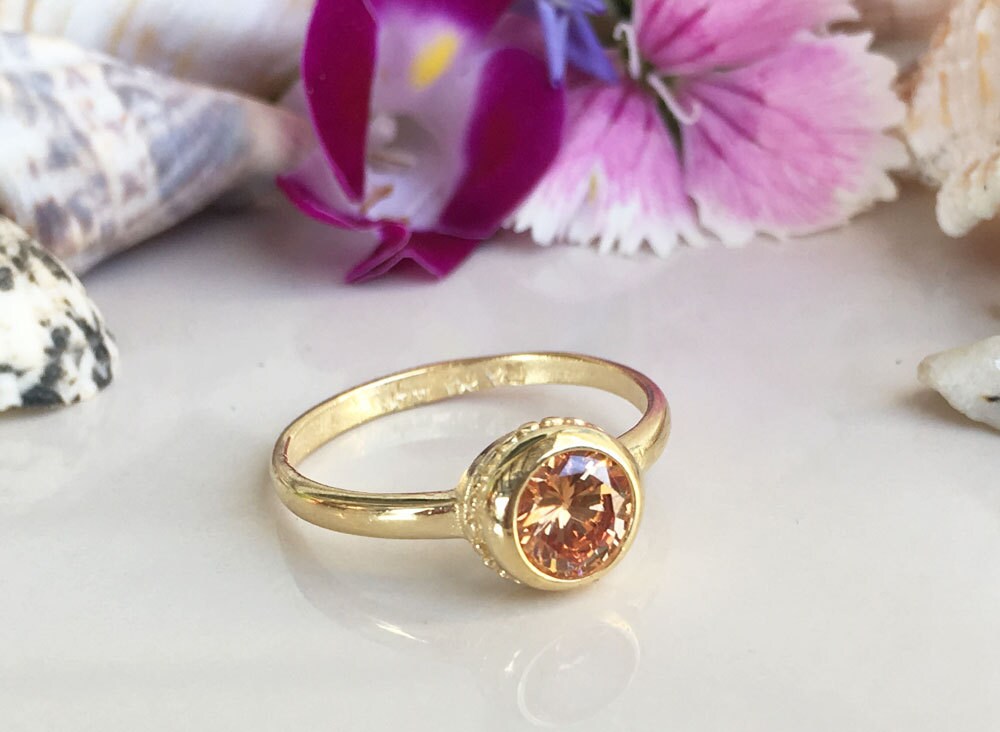 Citrine Ring - November Birthstone - Simple Bezel Set Ring with Round Citrine Gemstone - H.L.Jewelry