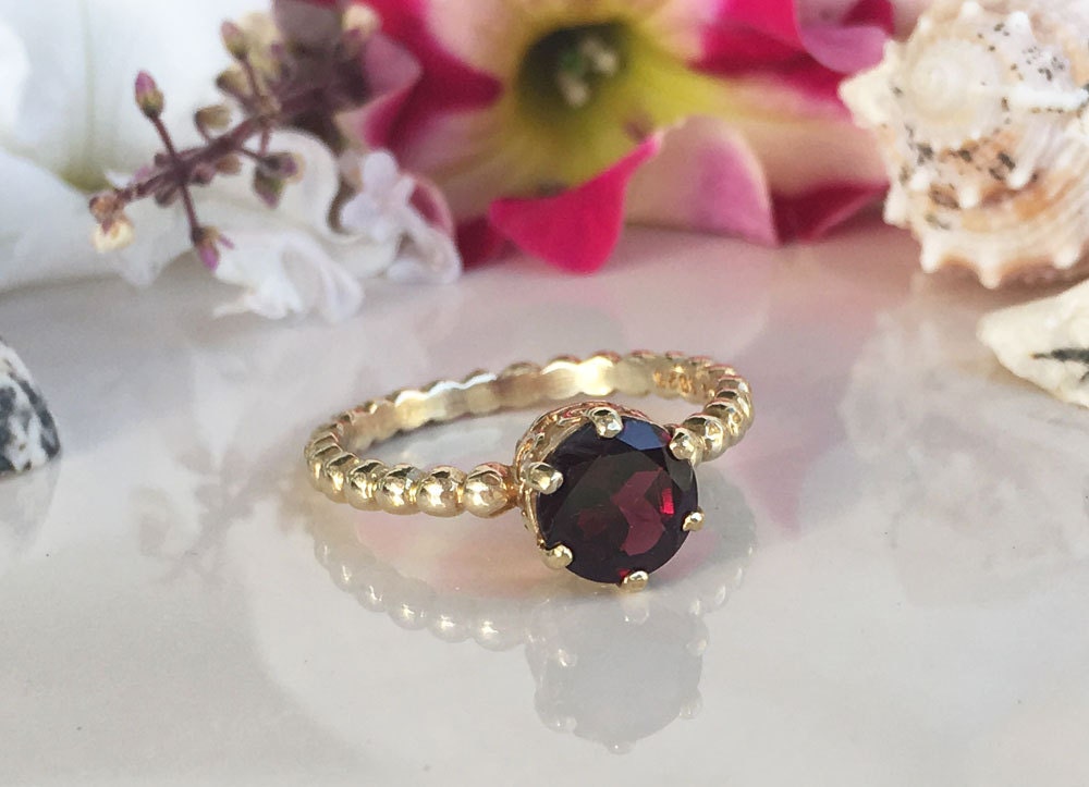 Red Garnet Ring - January Birthstone - Beaded Band Ring with Round Red Garnet Gemstone - H.L.Jewelry