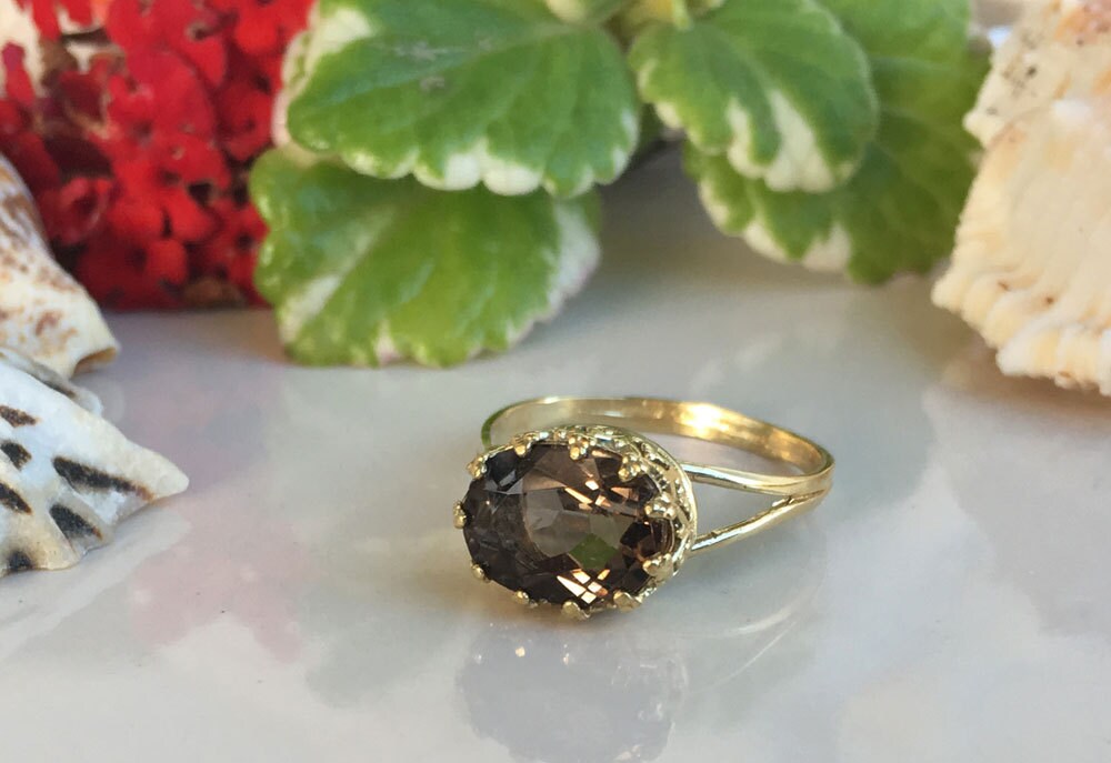 Smoky Quartz Ring - Oval Crown Ring - Promise Ring - Bezel Set Ring - H.L.Jewelry