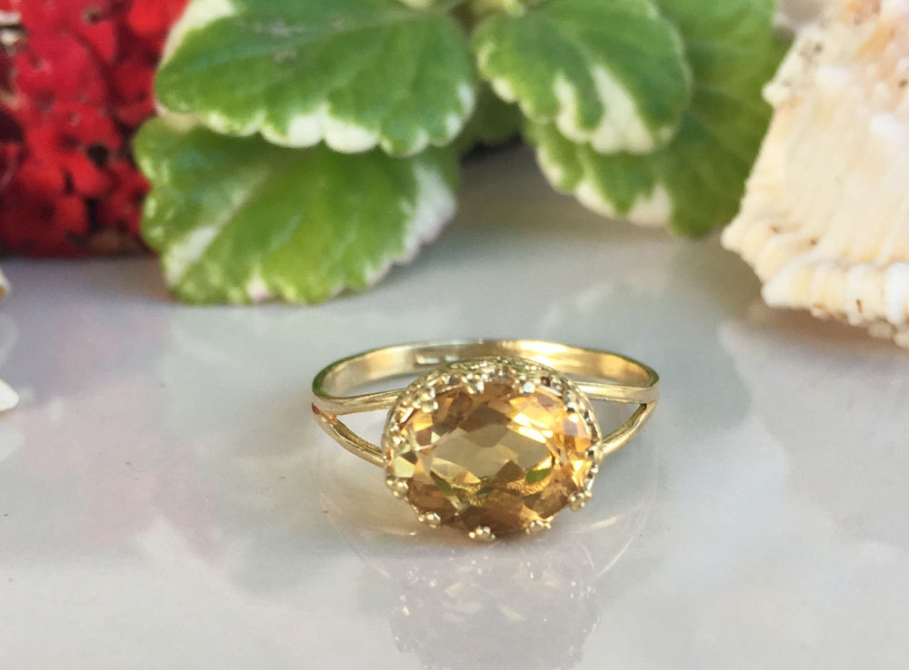 Citrine Ring - November Birthstone - Double Band Vintage Oval Crown Ring with Citrine Gemstone - H.L.Jewelry