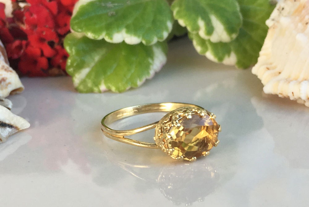 Citrine Ring - November Birthstone - Double Band Vintage Oval Crown Ring with Citrine Gemstone - H.L.Jewelry