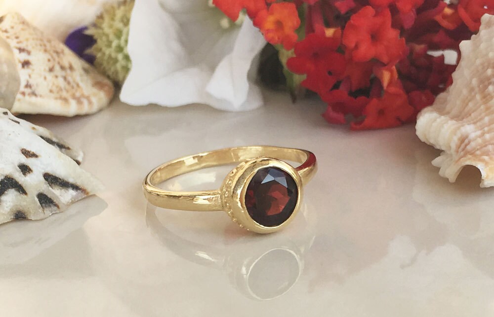 Red Garnet Ring - January Birthstone - Simple Bezel Set Ring with Round Red Garnet Gemstone - H.L.Jewelry