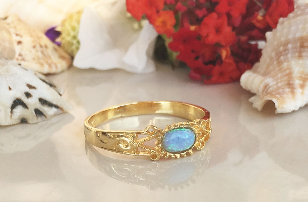 Blue Opal Ring - October Birthstone - Lace Ring with Oval Blue Opal Gemstone - H.L.Jewelry