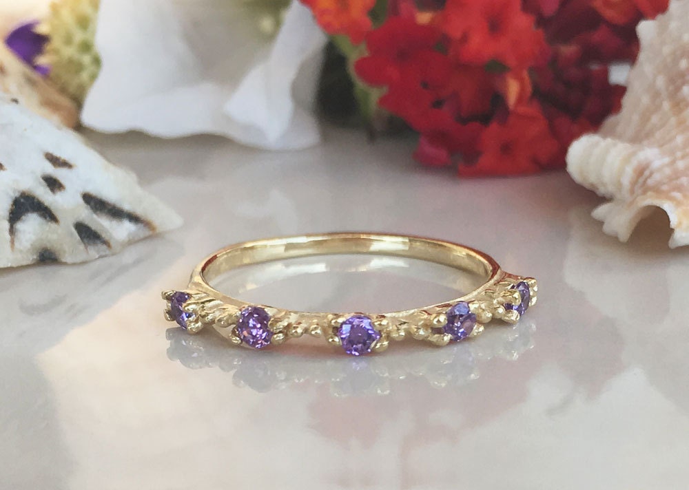 Amethyst Ring - February Birthstone - Stacking Ring with Five Round Purple Amethyst Stones - H.L.Jewelry