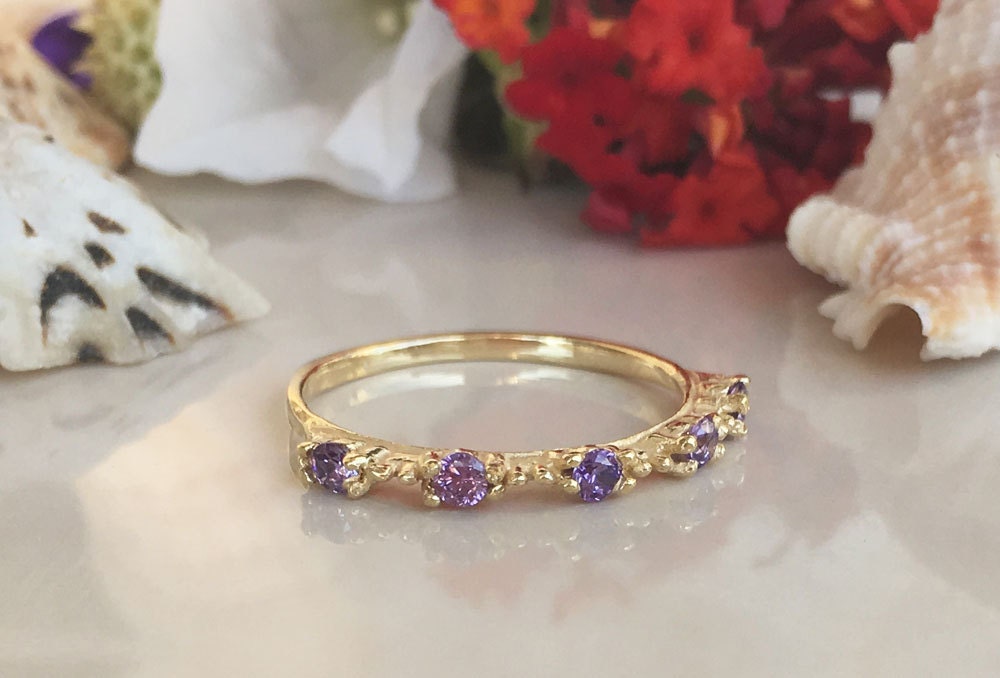 Amethyst Ring - February Birthstone - Stacking Ring with Five Round Purple Amethyst Stones - H.L.Jewelry