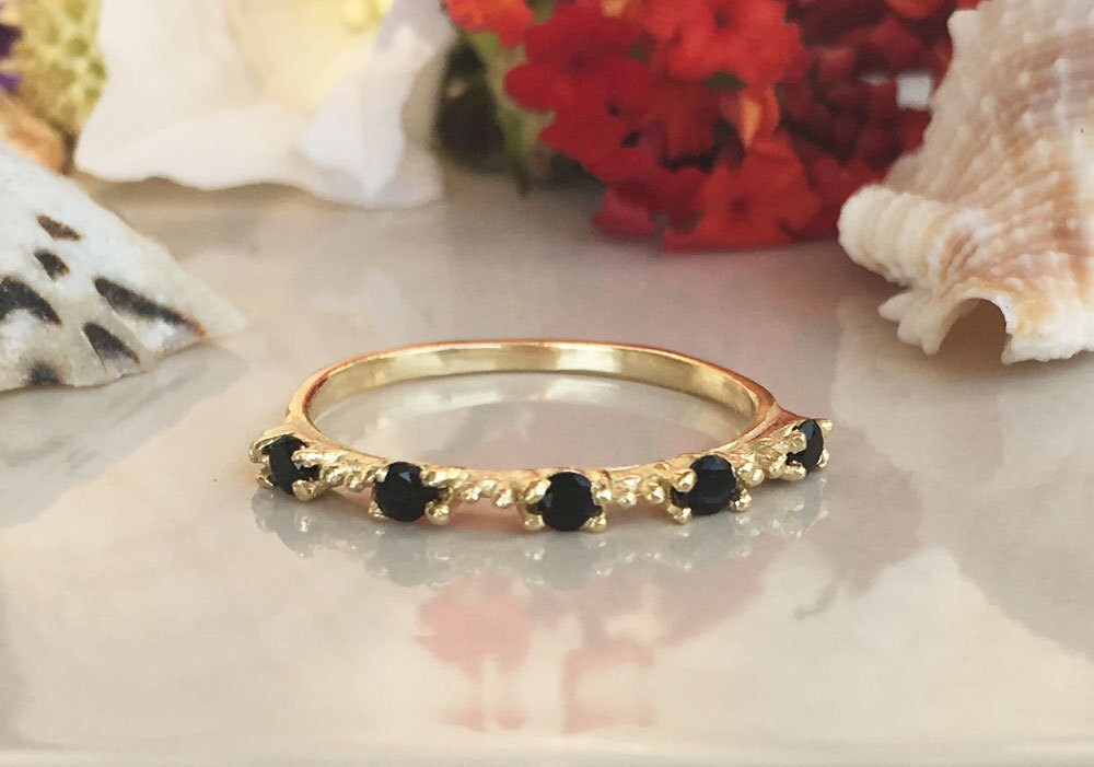 Black Onyx Ring - December Birthstone - Stacking Ring with Five Round Black Onyx Stones - H.L.Jewelry