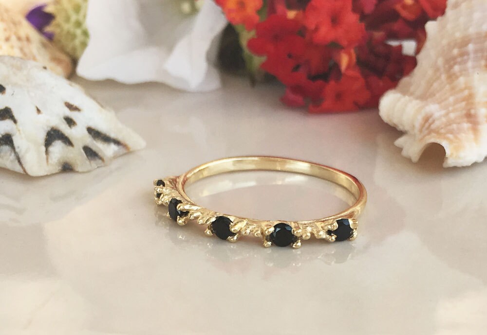 Black Onyx Ring - December Birthstone - Stacking Ring with Five Round Black Onyx Stones - H.L.Jewelry