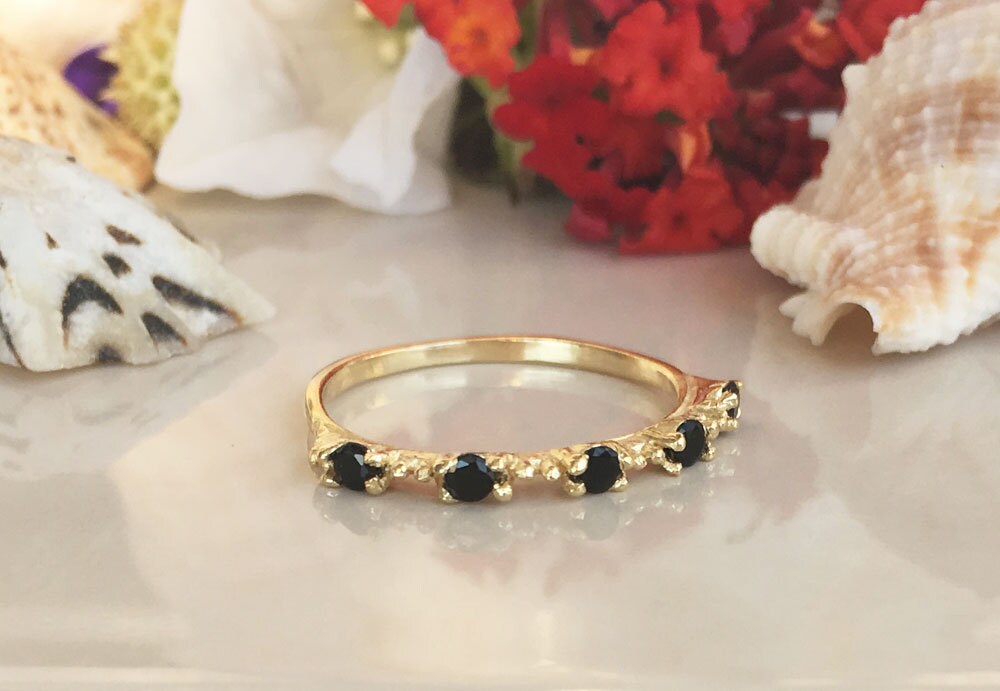 Black Onyx Ring - December Birthstone - Stacking Ring with Five Round Black Onyx Stones - H.L.Jewelry