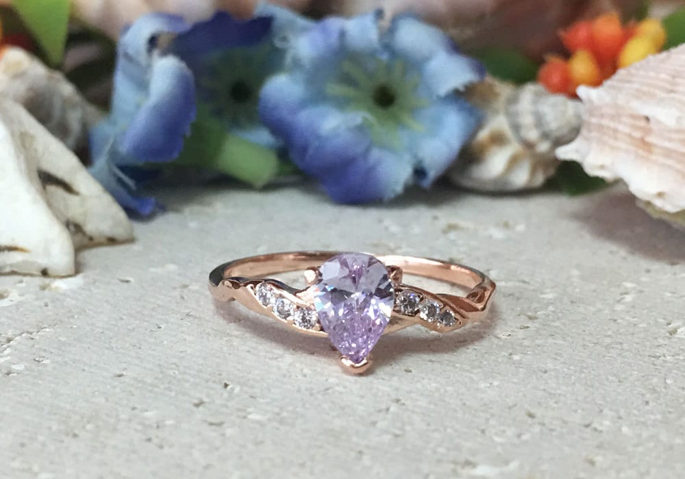 Lavender Amethyst Ring - Tiny Delicate Ring with Pear-Shaped Lavender Amethyst and Clear Quartz Accents - H.L.Jewelry