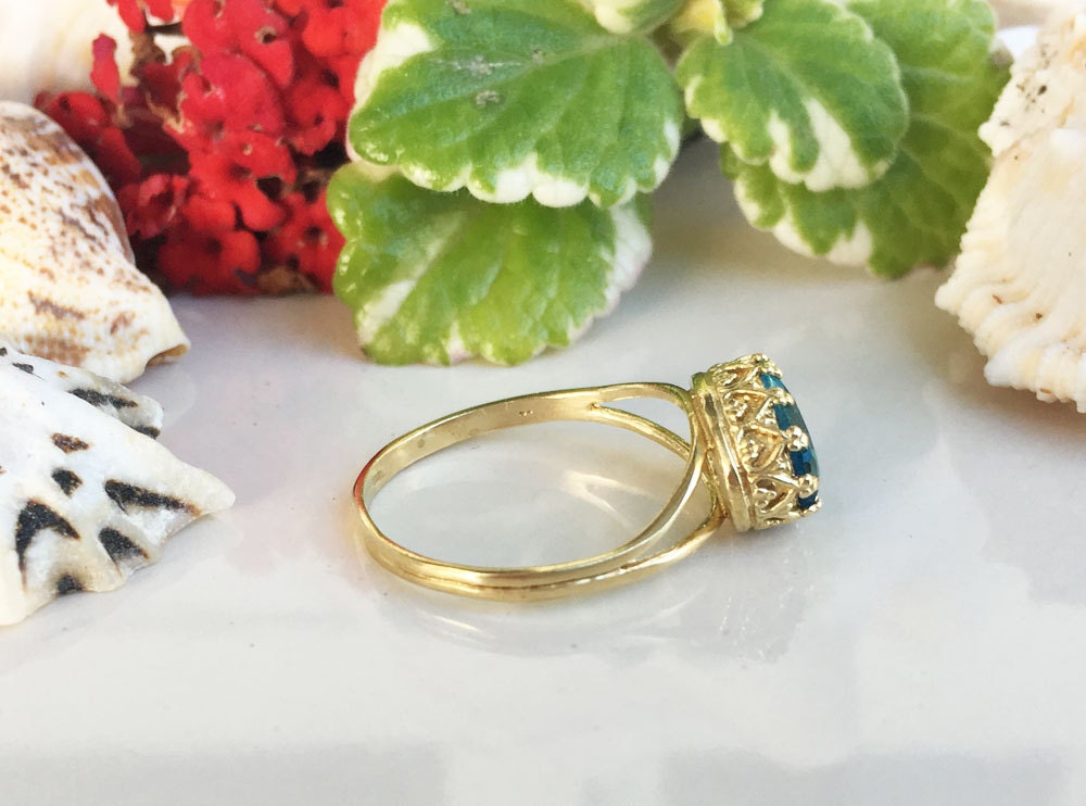 Blue Topaz Ring - December Ring - Blue Topaz Gemstone Double Band Vintage Oval Crown Ring - H.L.Jewelry