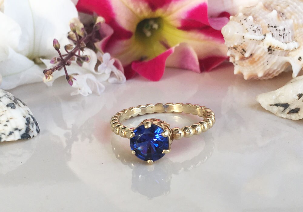 Blue Sapphire Ring - September Birthstone - Beaded Band Ring with Round Blue Sapphire Gemstone - H.L.Jewelry