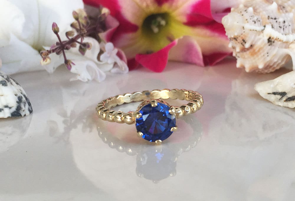 Blue Sapphire Ring - September Birthstone - Beaded Band Ring with Round Blue Sapphire Gemstone - H.L.Jewelry