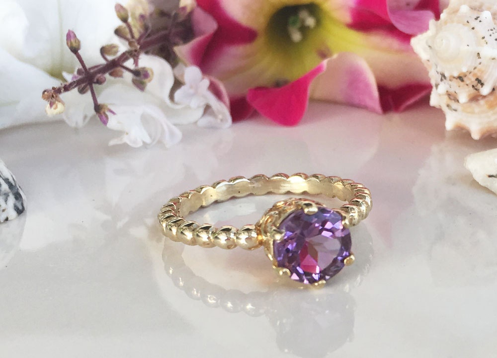 Amethyst Ring - February Birthstone - Beaded Band Ring with Round Purple Amethyst - H.L.Jewelry