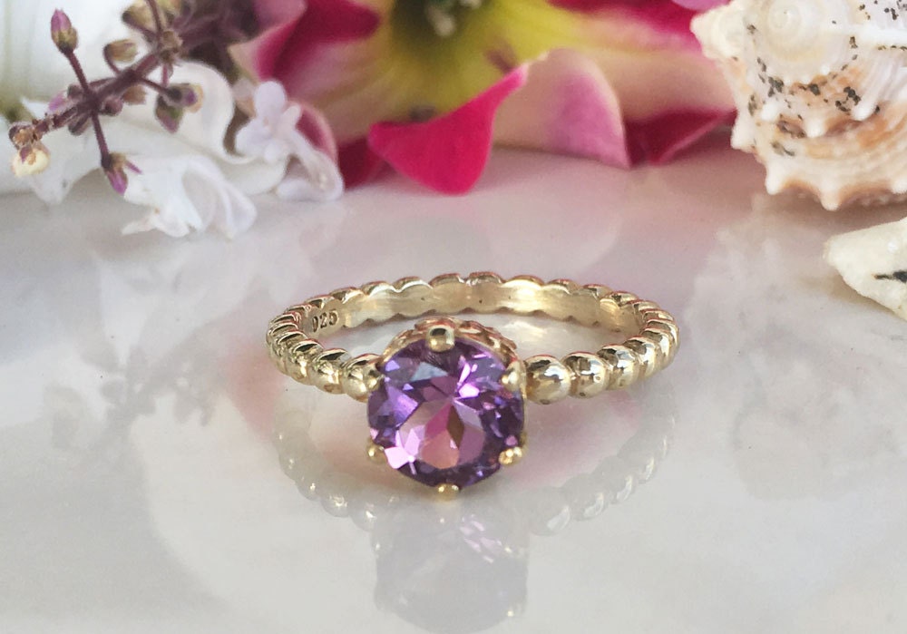 Amethyst Ring - February Birthstone - Beaded Band Ring with Round Purple Amethyst - H.L.Jewelry