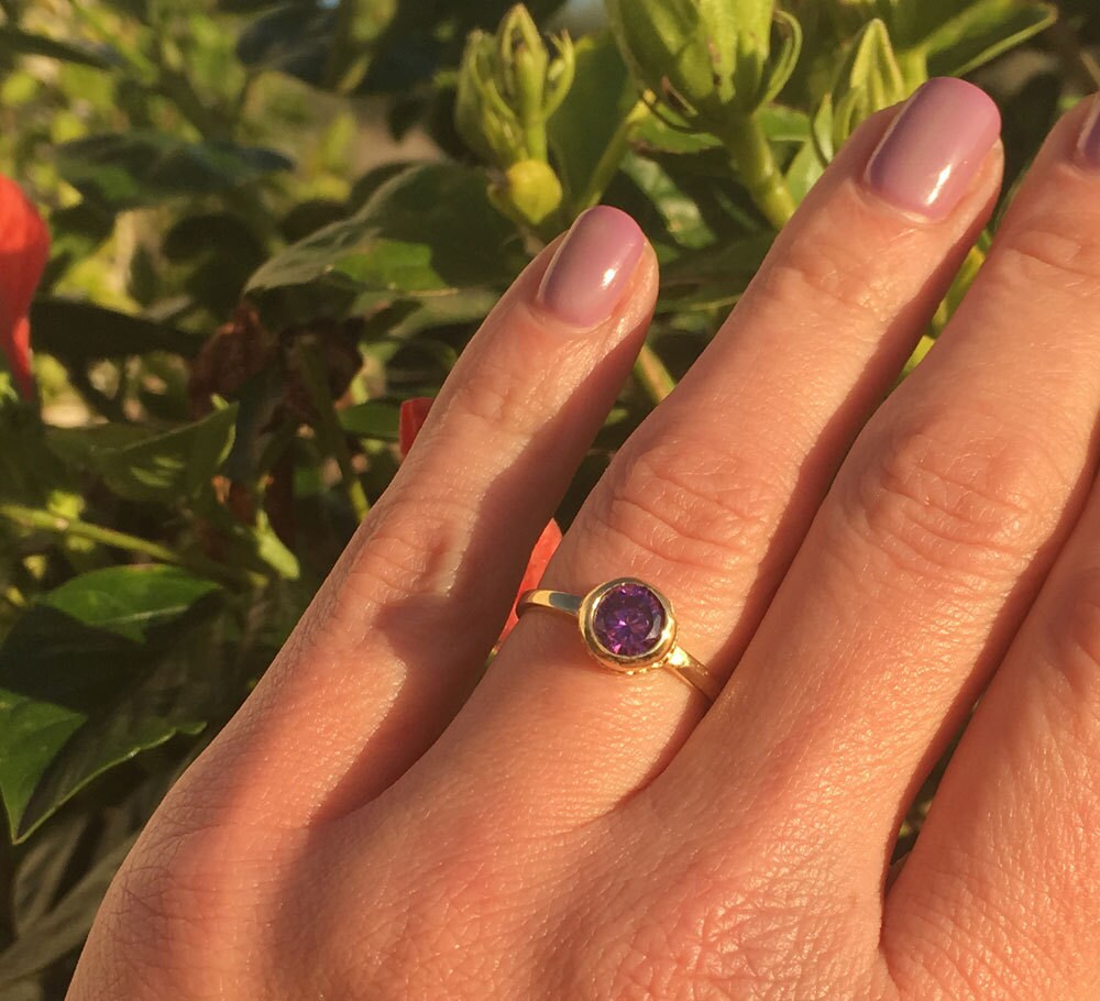 Purple Amethyst Ring - February Birthstone - Simple Bezel Set Ring with Round Purple Amethyst Gemstone - H.L.Jewelry