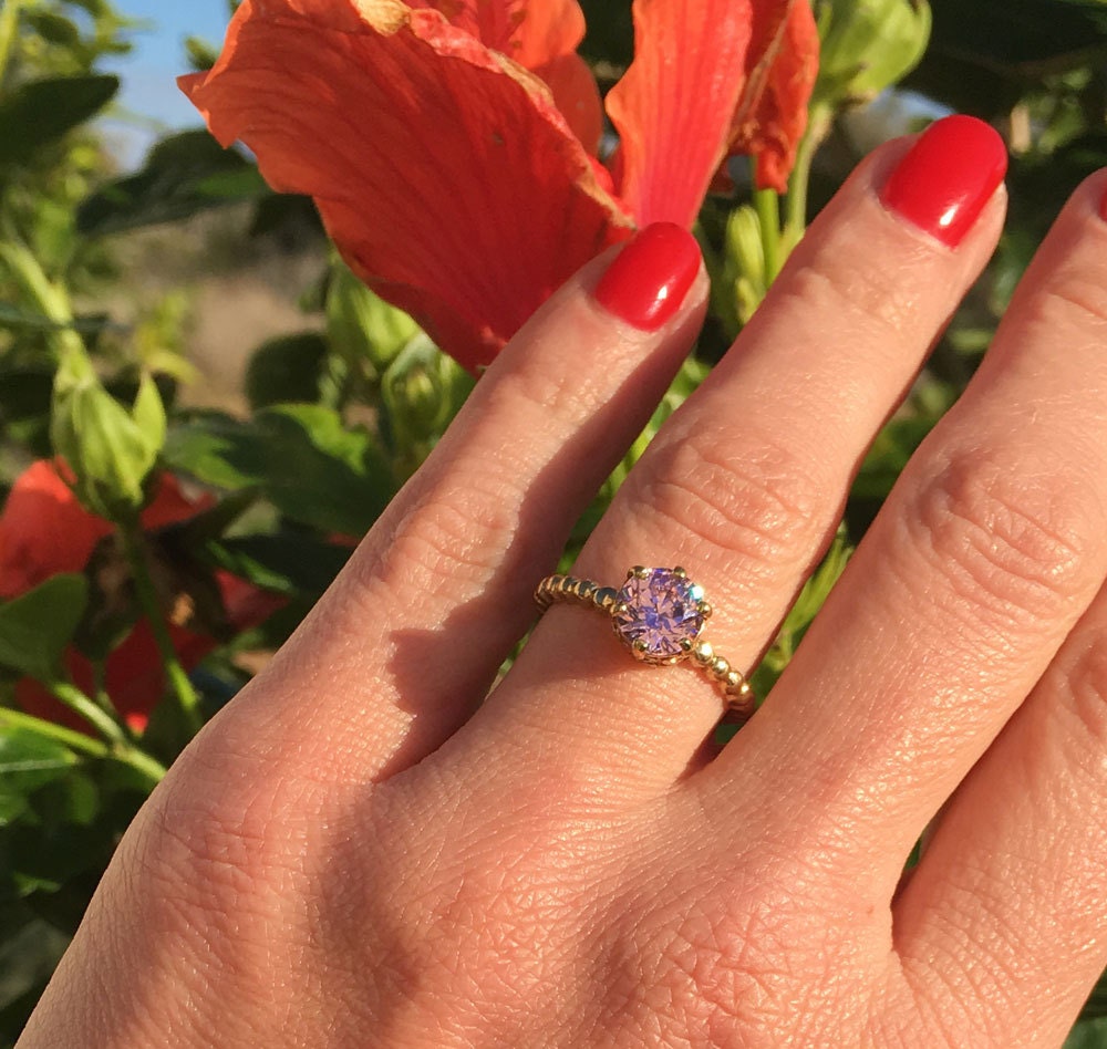 Rose Quartz Ring - October Birthstone Jewelry - Beaded Band Ring with Round Rose Quartz Gemstone - H.L.Jewelry