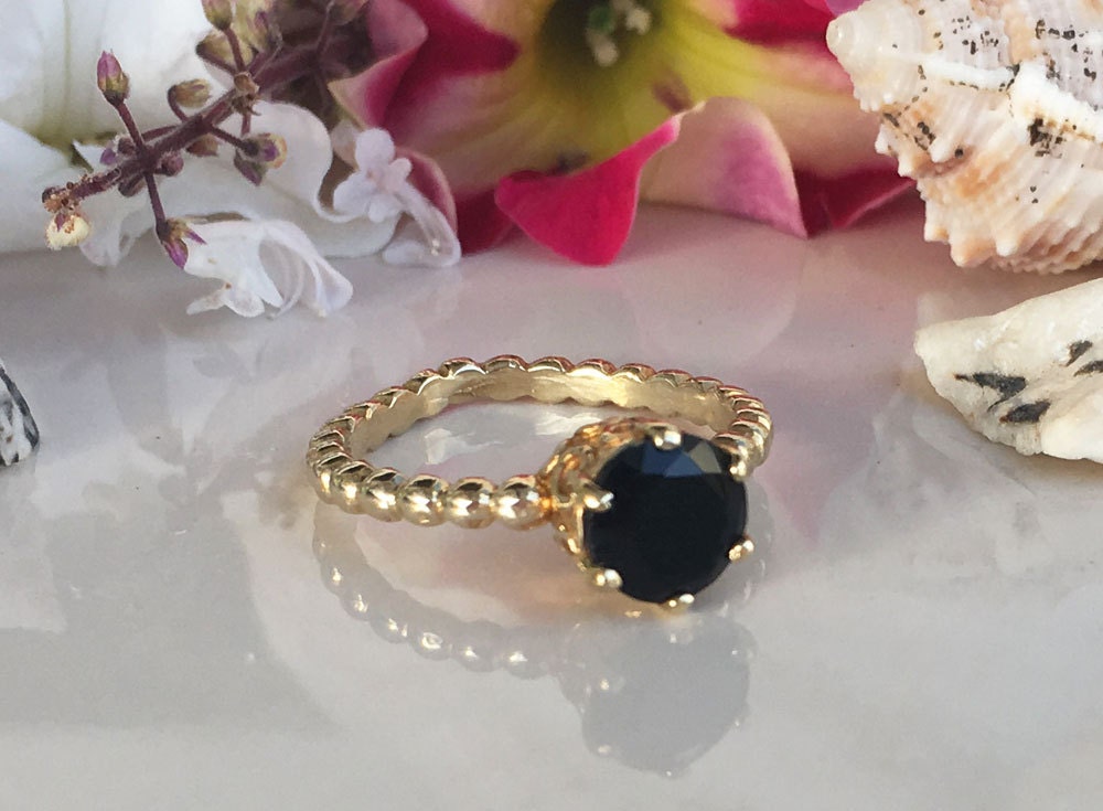 Black Onyx Ring - December Birthstone - Beaded Band Ring with Round Black Onyx Gemstone - H.L.Jewelry