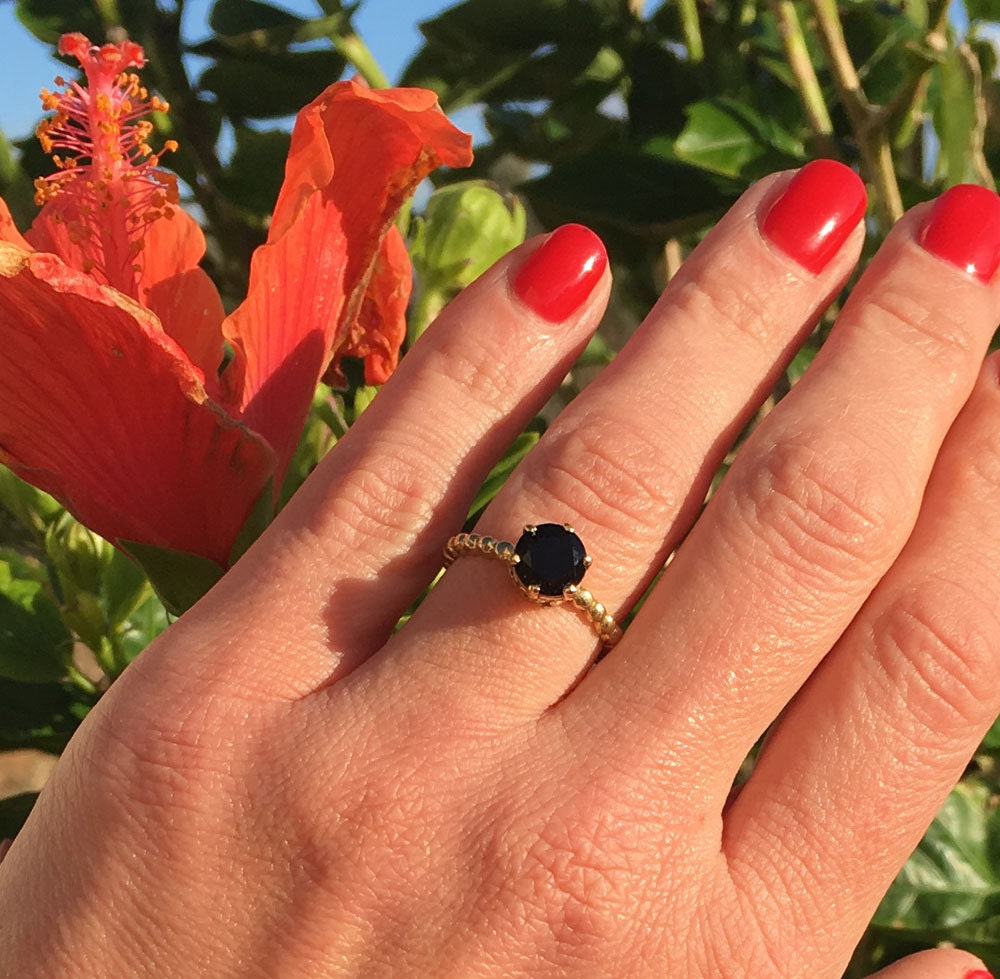 Black Onyx Ring - December Birthstone - Beaded Band Ring with Round Black Onyx Gemstone - H.L.Jewelry