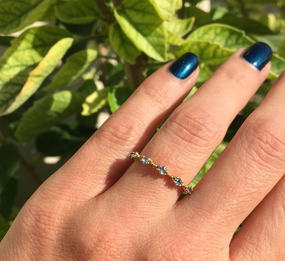 Blue Topaz Ring - December Birthstone - Stacking Ring with Five Square Blue Topaz Gemstones - H.L.Jewelry