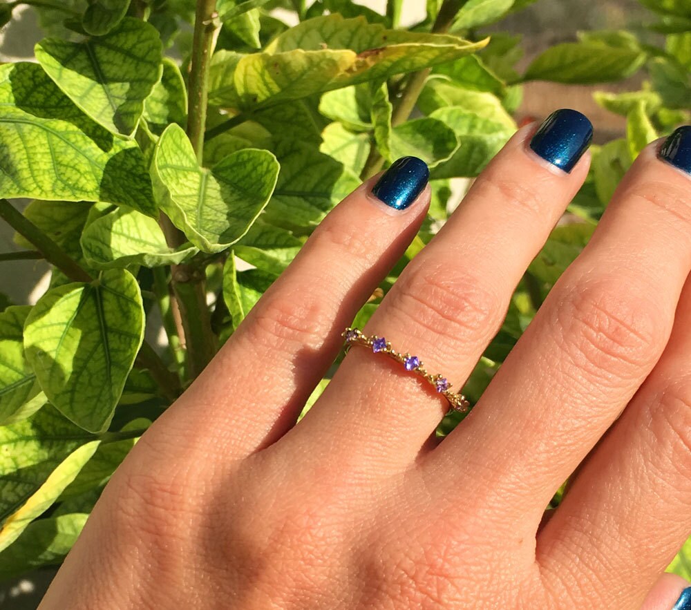 Purple Amethyst Ring - February Birthstone - Stacking Ring with Five Square Purple Amethyst Gemstones - H.L.Jewelry