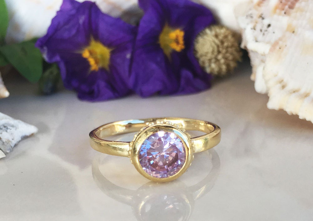 Lavender Amethyst Ring - Simple Bezel Set Ring with Round Lavender Amethyst Gemstone - H.L.Jewelry