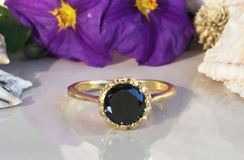 Black Onyx Ring -  December Birthstone - Black Onyx Gemstone Round Crown Ring - H.L.Jewelry