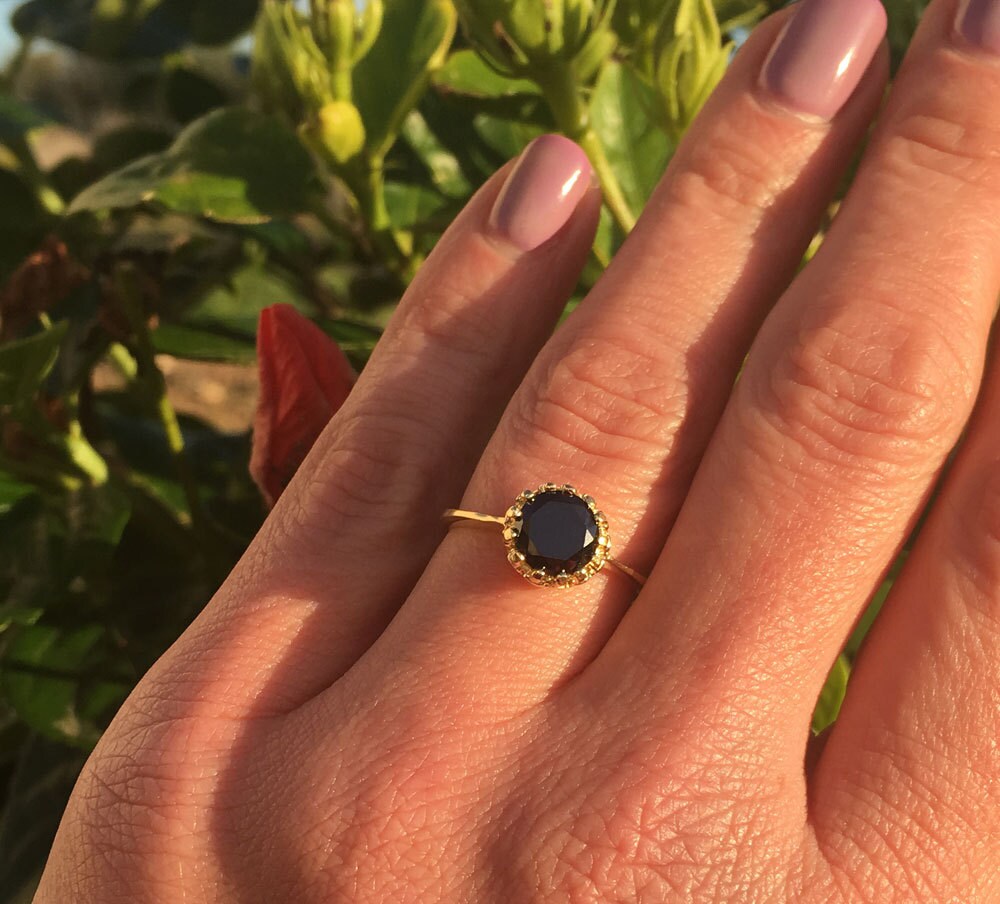 Black Onyx Ring -  December Birthstone - Black Onyx Gemstone Round Crown Ring - H.L.Jewelry