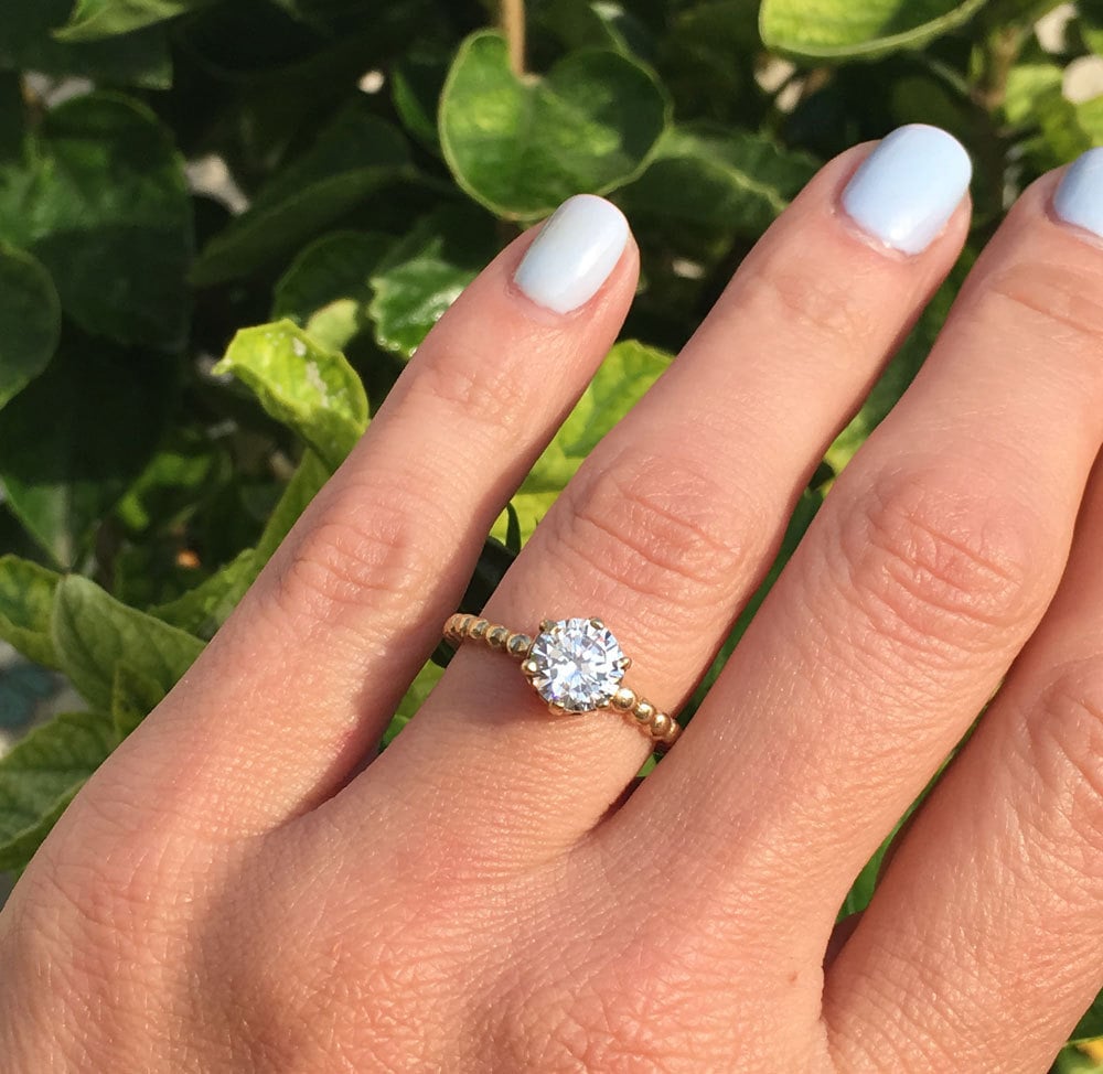 Clear Quartz Ring - April Birthstone - Round Clear Quartz Gemstone Beaded Band Ring - H.L.Jewelry