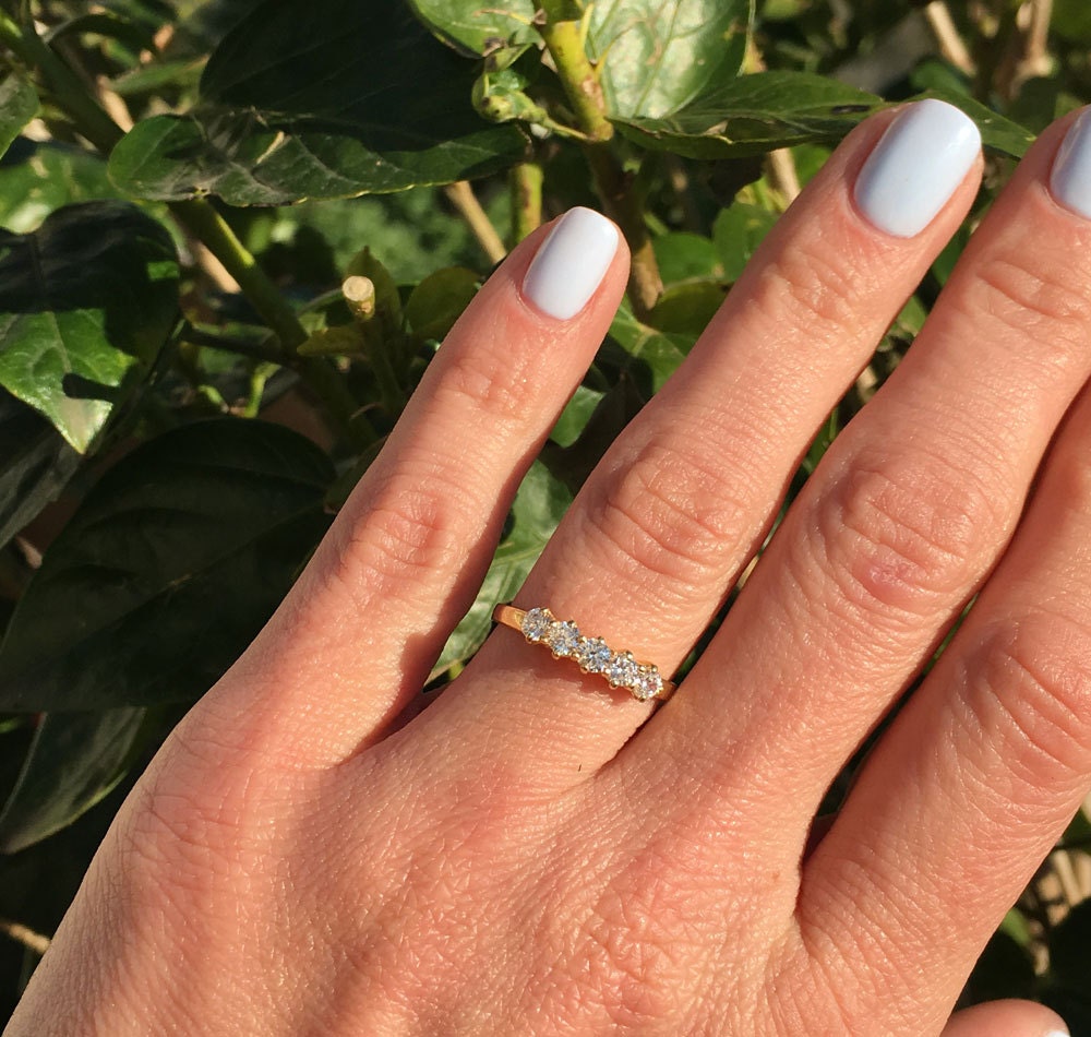 Clear Quartz Ring - April Birthstone - Delicate Stacking Half Eternity Ring with Five Round Clear Quartz Gemstones - H.L.Jewelry