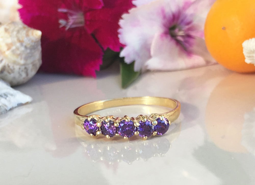 Amethyst Ring - February Birthstone - Stacking Ring with Five Round Purple Amethyst Stones - H.L.Jewelry