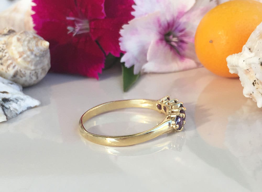 Amethyst Ring - February Birthstone - Stacking Ring with Five Round Purple Amethyst Stones - H.L.Jewelry