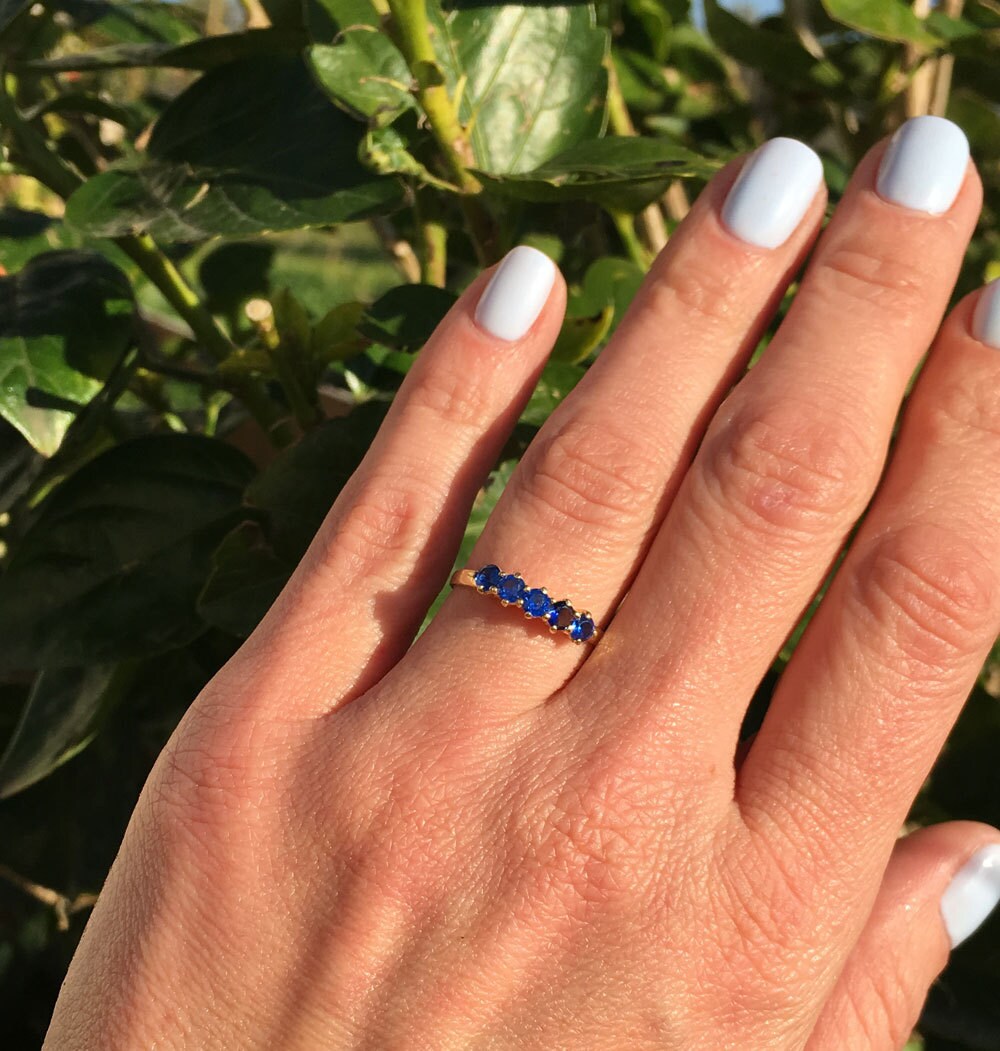 Blue Sapphire Ring - September Birthstone - Stacking Ring with Five Round Blue Sapphire Gemstones - H.L.Jewelry