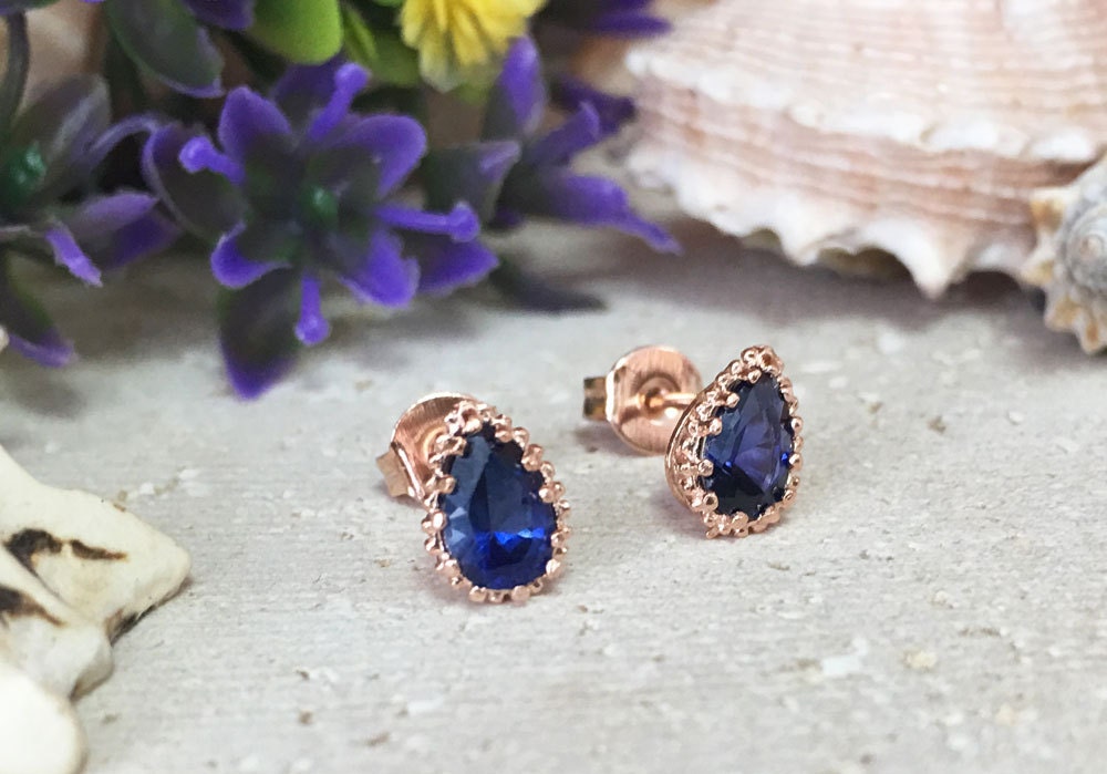 Blue Sapphire Earrings - September Birthstone Jewelry - Pear-Shaped Blue Sapphire Gemstone Small Stud Earrings - H.L.Jewelry