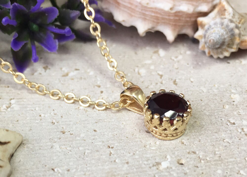 Red Garnet Necklace - January Birthstone - Delicate Chain Necklace with Round Red Garnet Gemstone - H.L.Jewelry