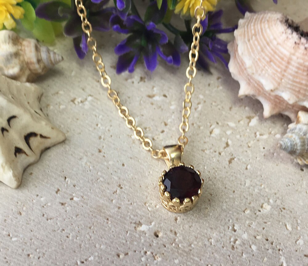 Red Garnet Necklace - January Birthstone - Delicate Chain Necklace with Round Red Garnet Gemstone - H.L.Jewelry